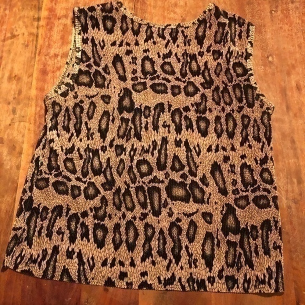 Plisse Tank Top Brown Black Leopard with stretchy Tiny Accordian Pleats Top - Picture 2 of 5